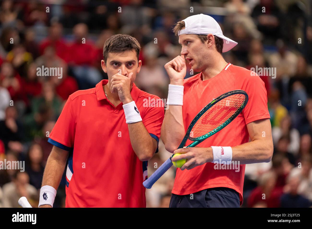 HASSELT, BELGIUM - FEBRUARY 2: Nicolas Jarry of Chile and Tomas Barrios Vera of Chile during Day One of the 2025 Davis Cup Qualifiers First Round at Sporthal Alverberg on February 2, 2025 in Hasselt, Belgium. (Photo by Marleen Fouchier/BSR Agency) Stock Photo