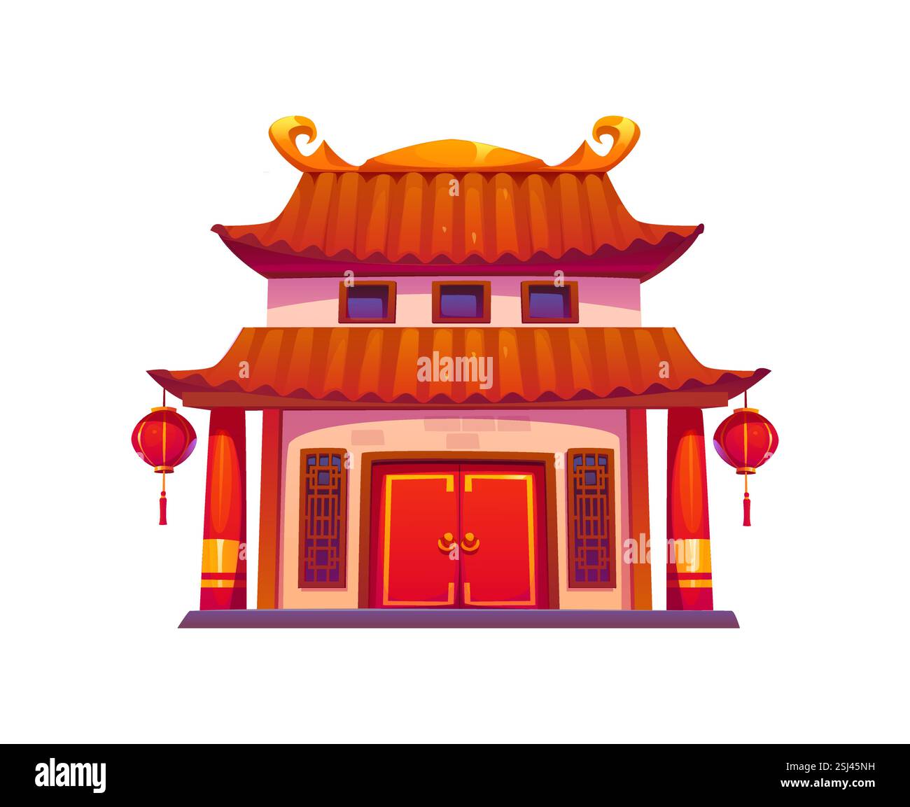 Chinese building, china town house. Isolated cartoon vector traditional facade with curved orange roofs, red doors, and hanging festive lanterns. Cult Stock Vector
