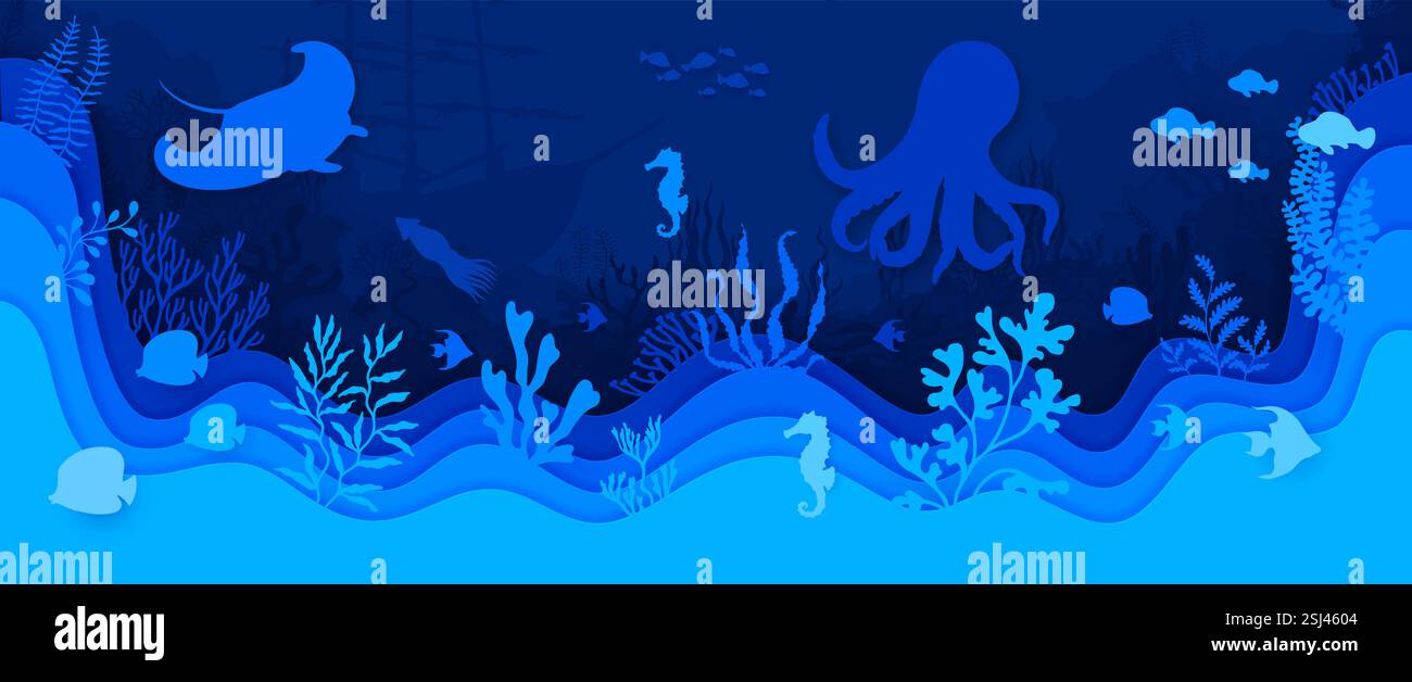 Paper cut underwater landscape with vector blue silhouettes of sea ...