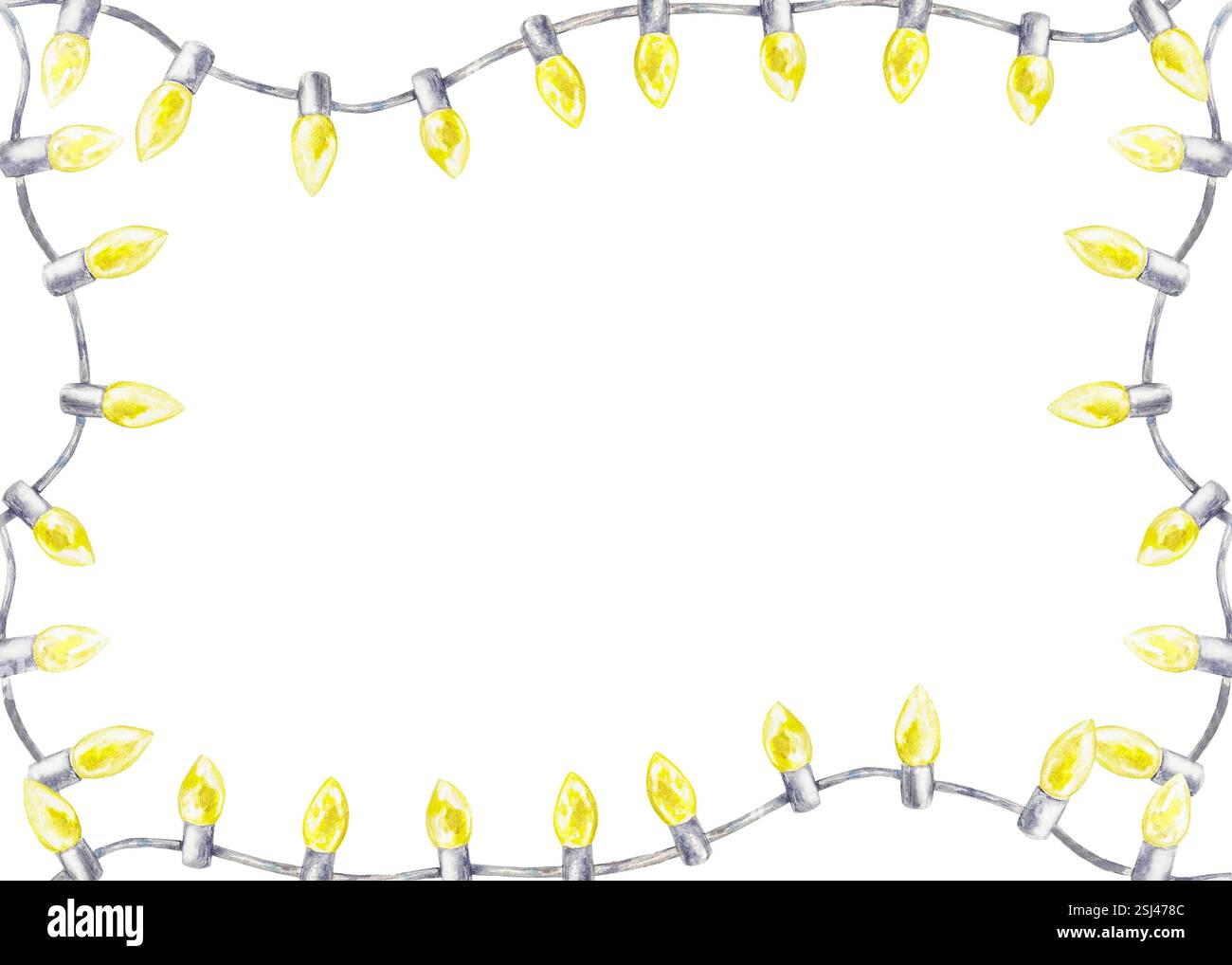 Garland of yellow light bulbs, rectangular frame. Hand drawn watercolor ...