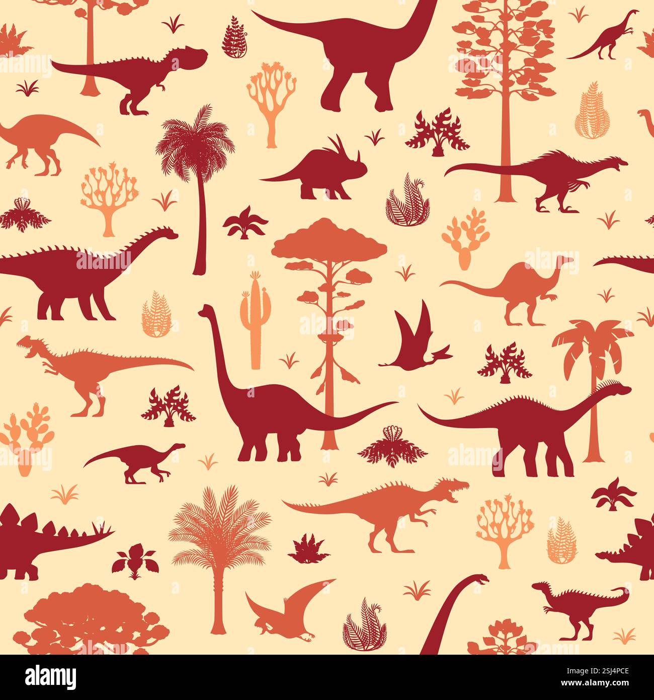 Dinosaur characters seamless pattern. Textile or fabric vector seamless pattern with allosaurus, brachiosaurus, paralititan and anchisaurus, camptosau Stock Vector