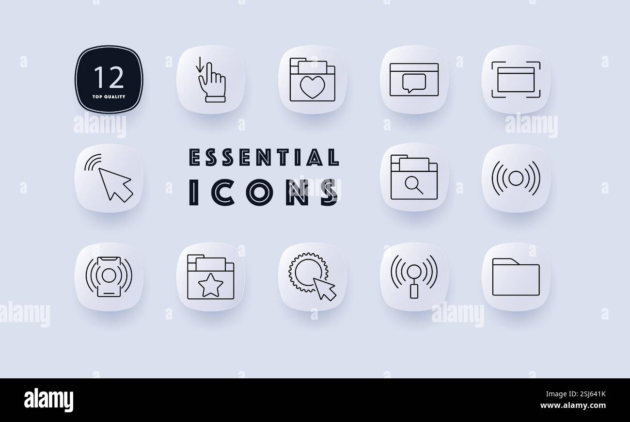 Web navigation set icon. Click function, file organization, messaging interface, responsive design, cursor interaction, file search, web accessibility Stock Vector