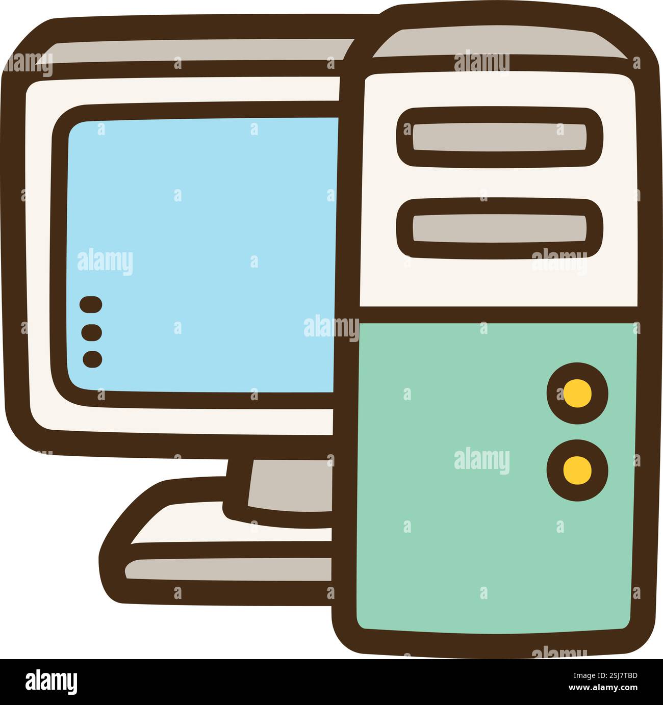 Desktop computer vector doodle illustration and graphic. Part of electronic category. Stock Vector