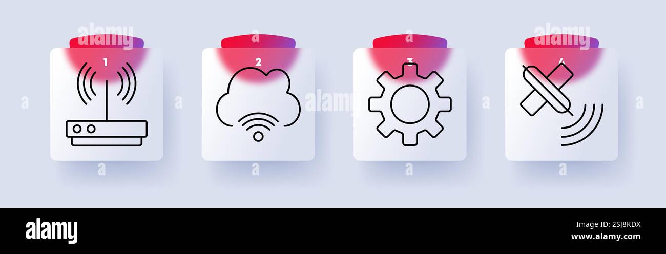 Network and connectivity set icon. Wi-Fi router, cloud connection, gear ...