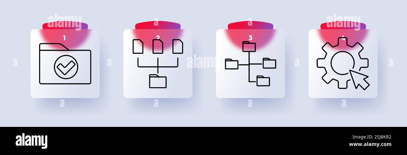 File management set icon. Folder check, file structure, network folders, settings gear, organization, data storage, digital access, system management Stock Vector