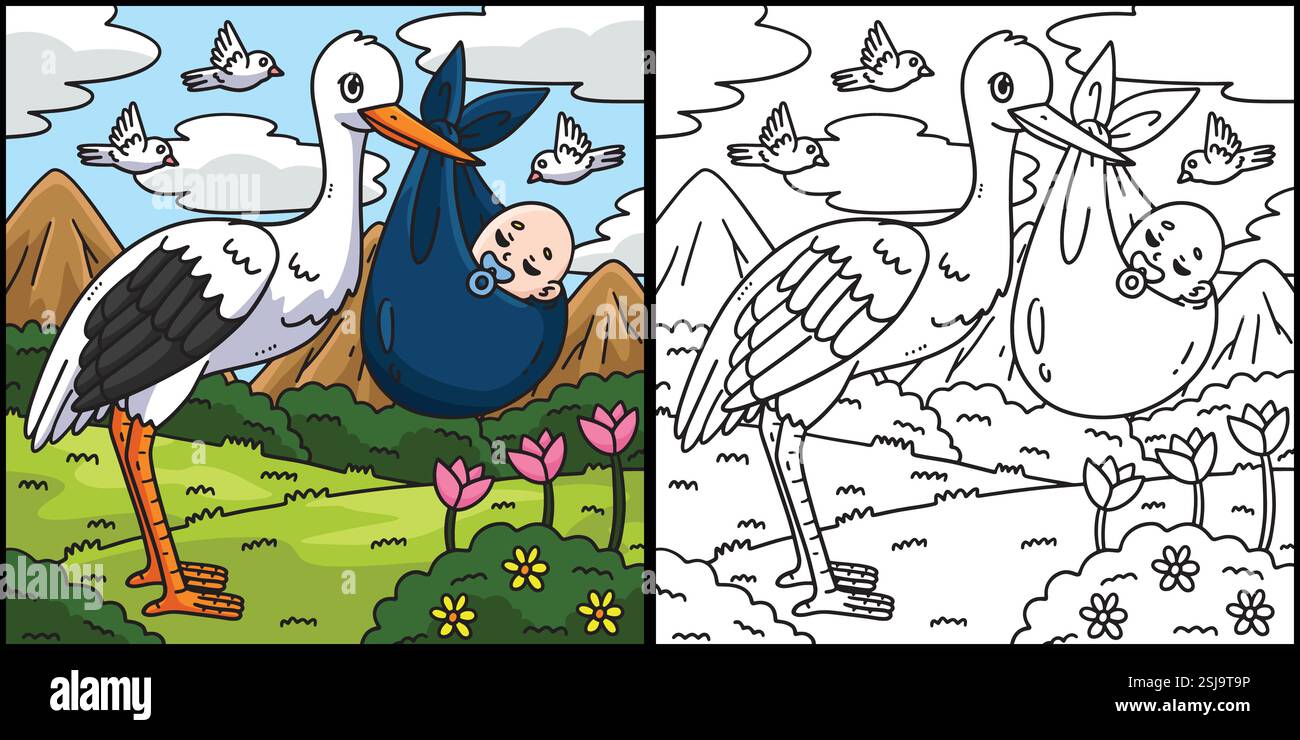 Baby Shower Stork Carrying a Baby Illustration Stock Vector Image & Art ...