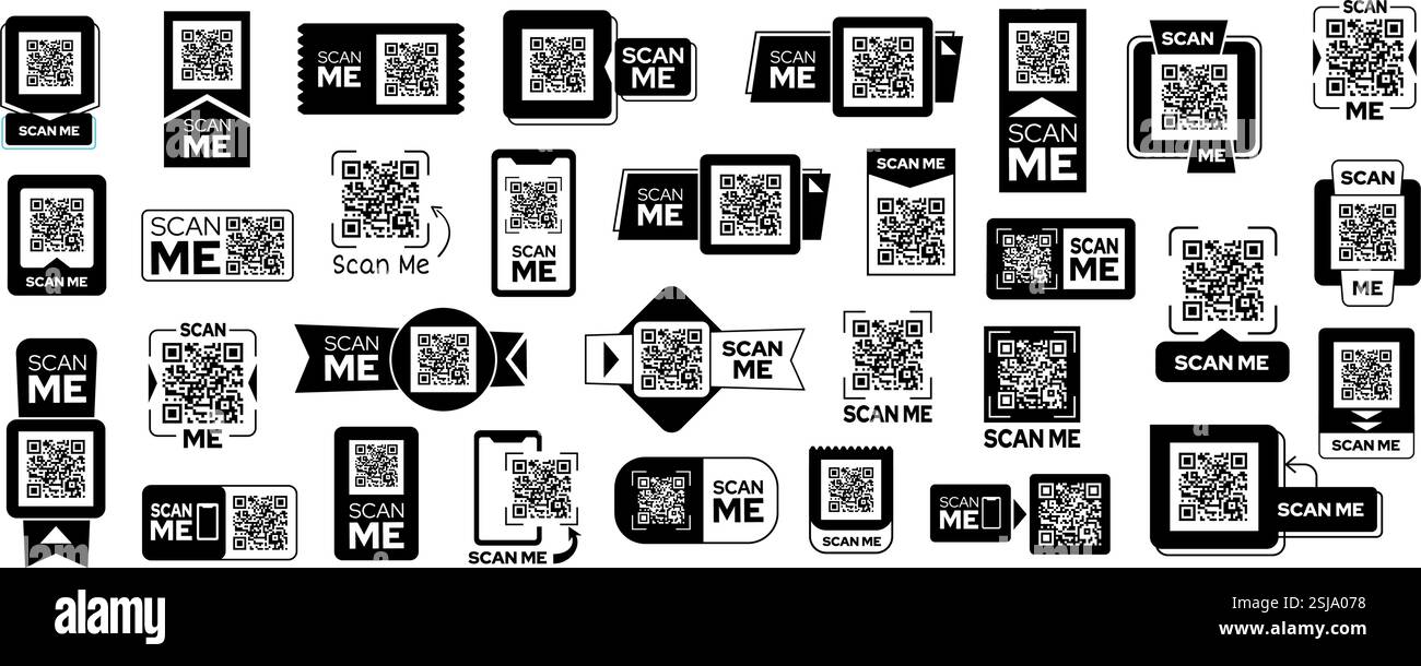 Scan me sticker frames. QR code labels, banners and badges templates ...