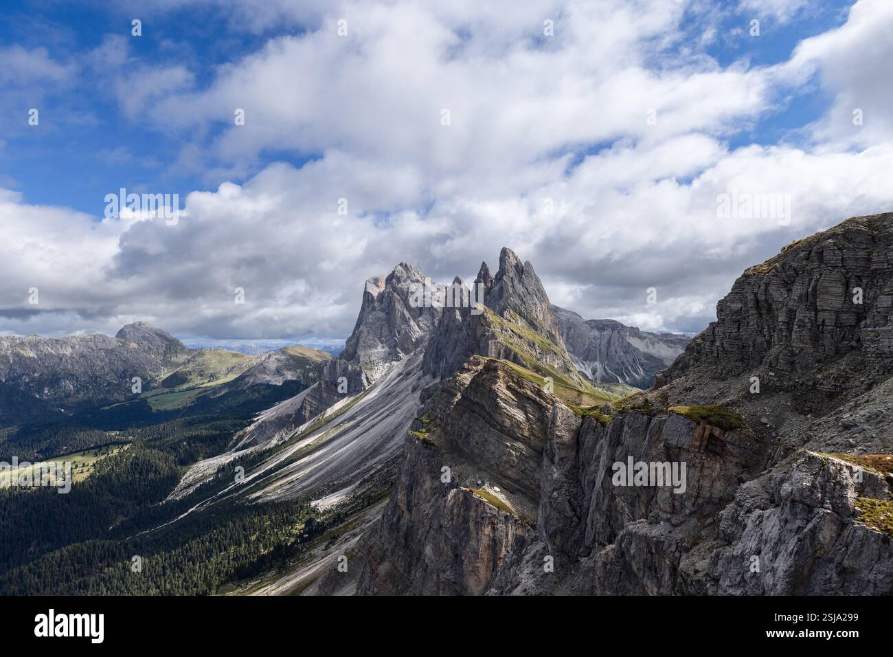 The Seceda ridge in the Dolomites, Italy, captured in a wide angle ...