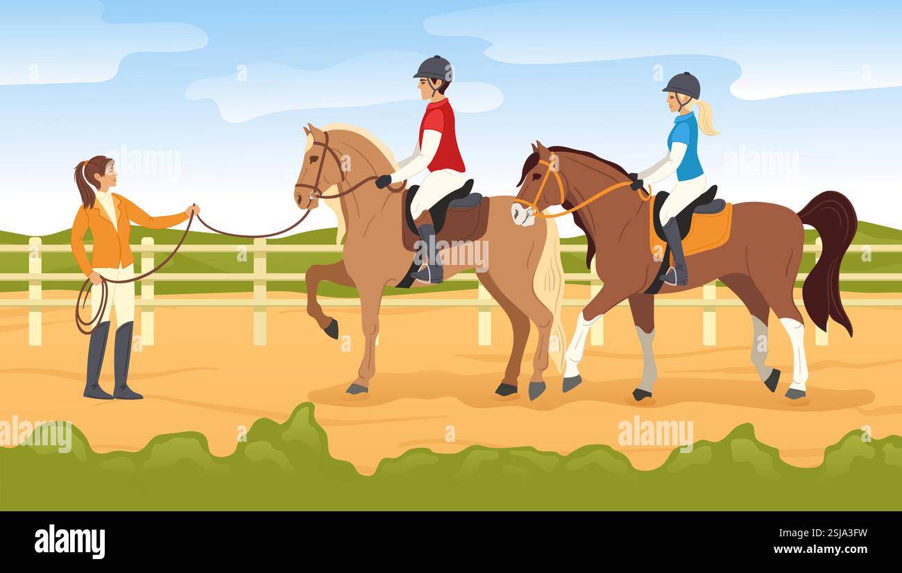 Help Ride Cartoon Horse riding lessons. Equestrian sport, jockey training and couple ...