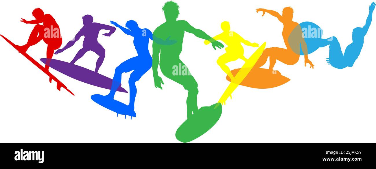 Surfers Surfing on Surf Boards Silhouettes Concept Stock Vector Image ...