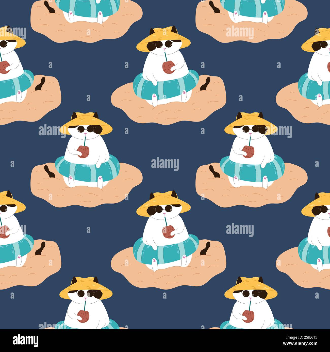 Seamless pattern Tuxedo cat in an inflatable ring sits on the sand wearing sunglasses, a hat and drinks cocktail in coconut from a straw. Flat style Stock Vector