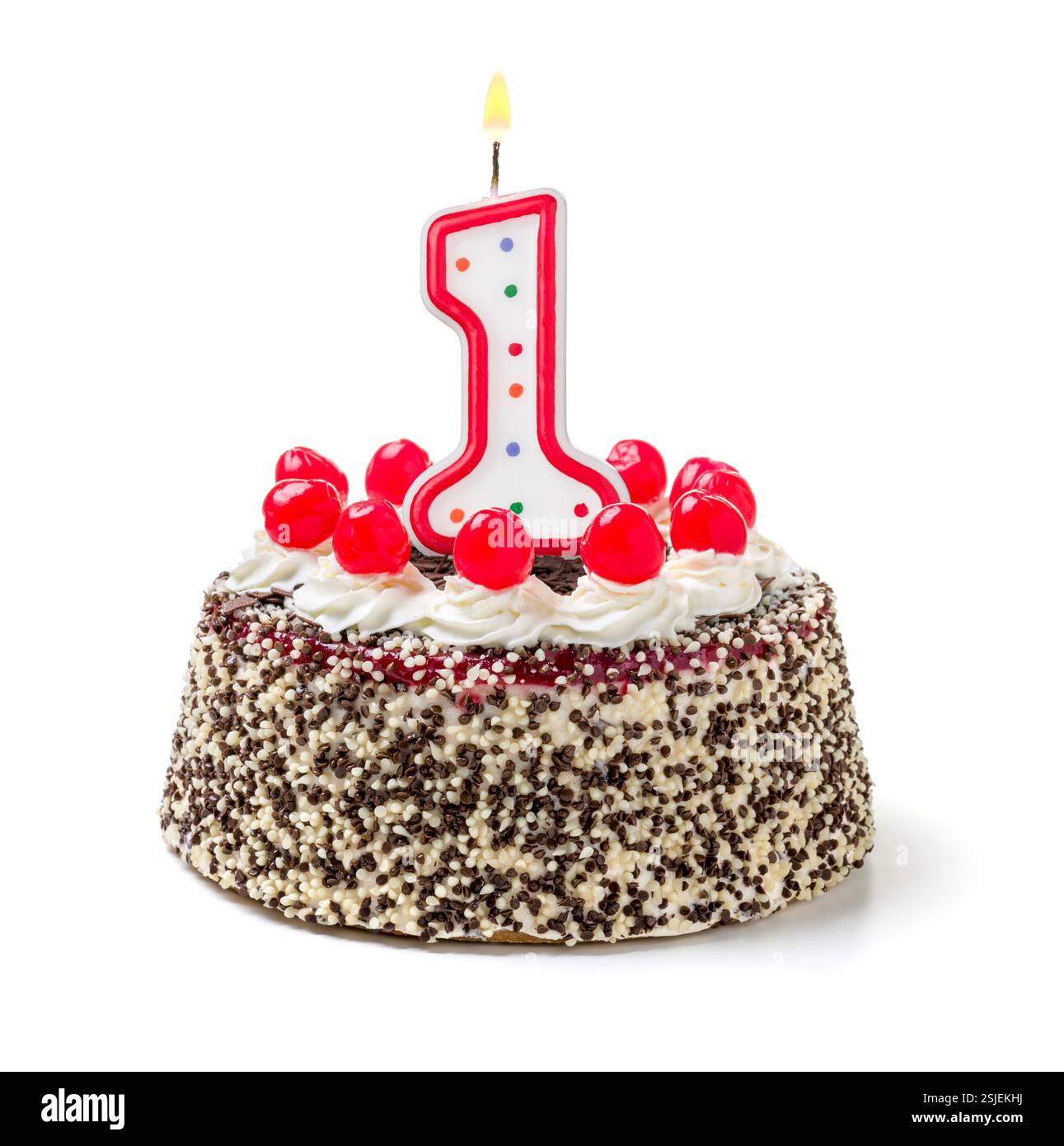 Birthday cake with burning candle number 1 Stock Photo