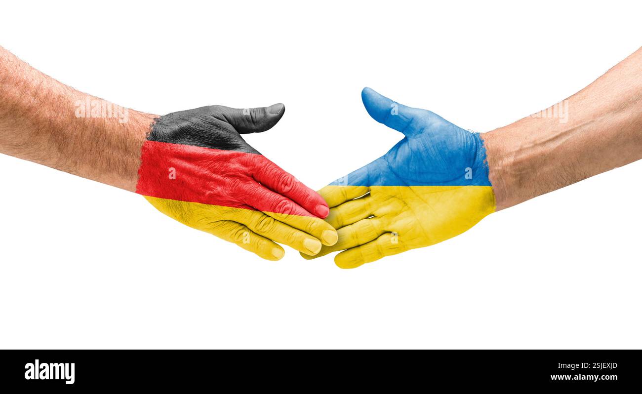 Soccer teams - Handshake between Germany and Ukraine Stock Photo
