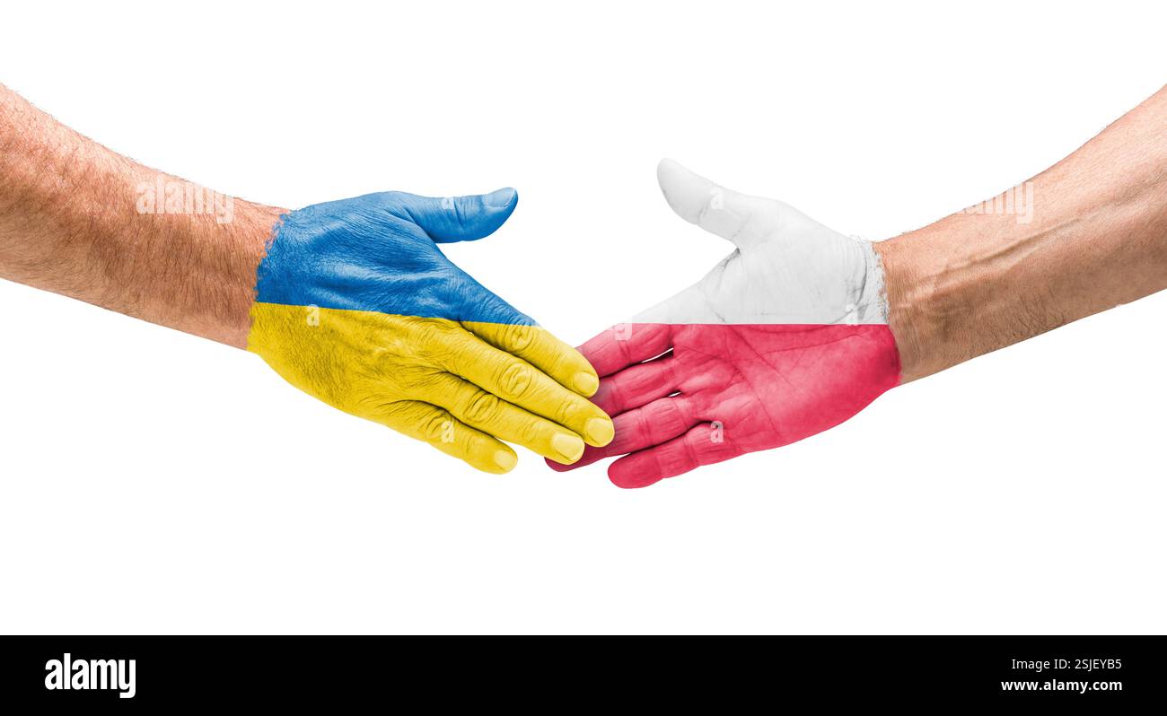 Soccer teams - Handshake between Ukraine and Poland Stock Photo