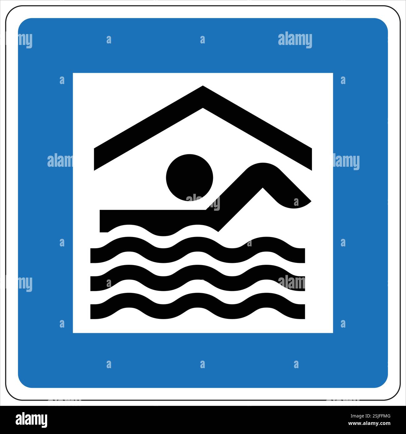 Blue and white square road sign indicating an indoor swimming pool with ...