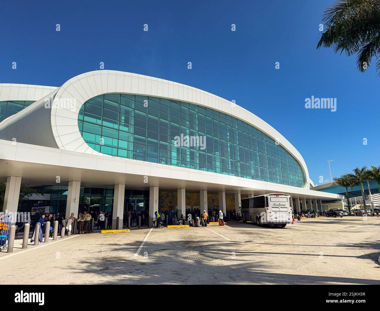 Miami, Florida, USA - 4 January 2024: Front exterior view of the new cruise terminal for Norwgeian Cruise Line in the Port of Miami - Smartphone Captured Stock Image
