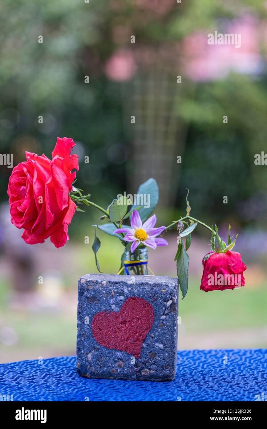 Two roses in a simple glass vase, stone with red heart Stock Photo - Alamy