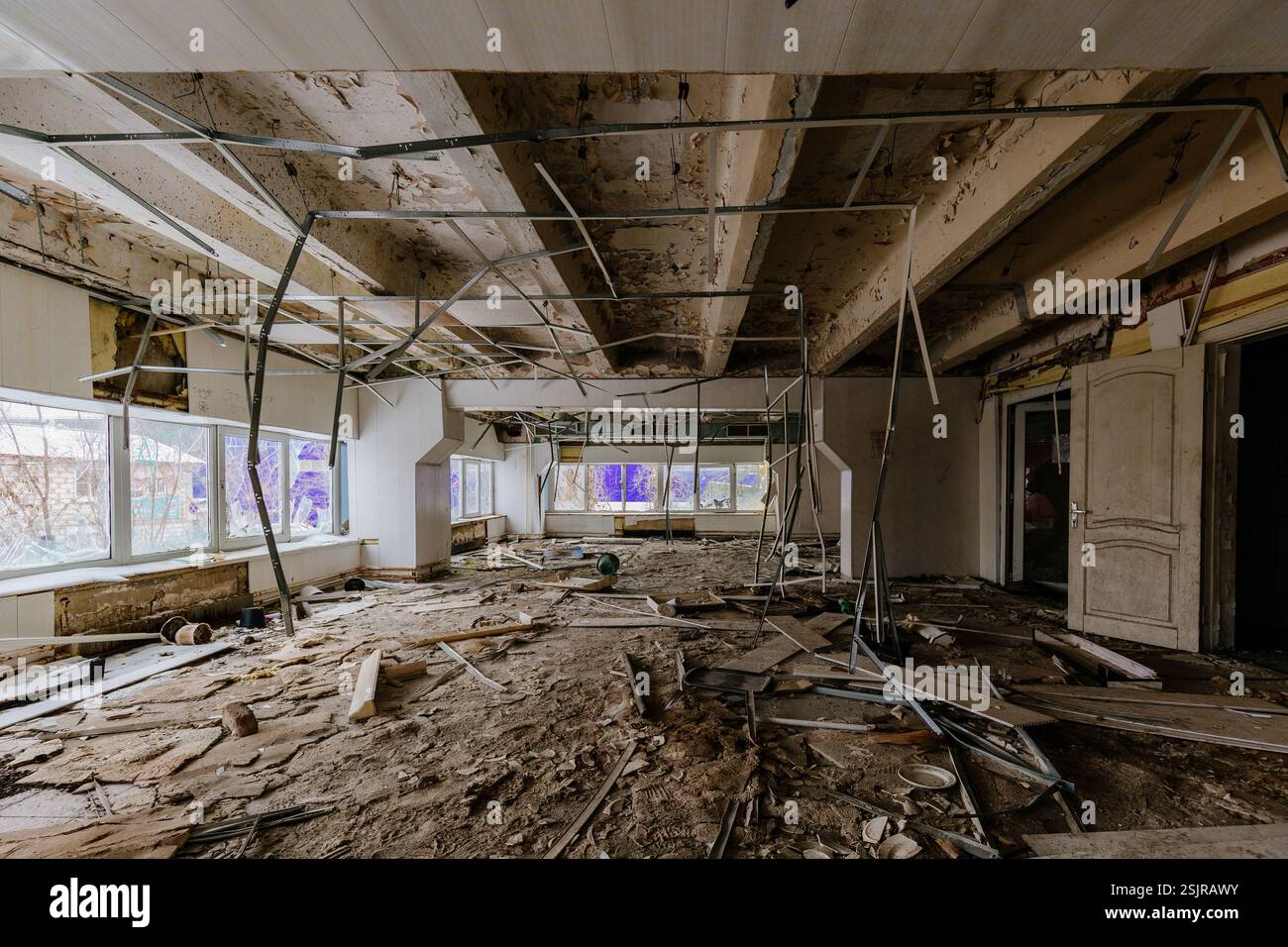 Inside destroyed office building. Consequences of attack concept. Stock Photo