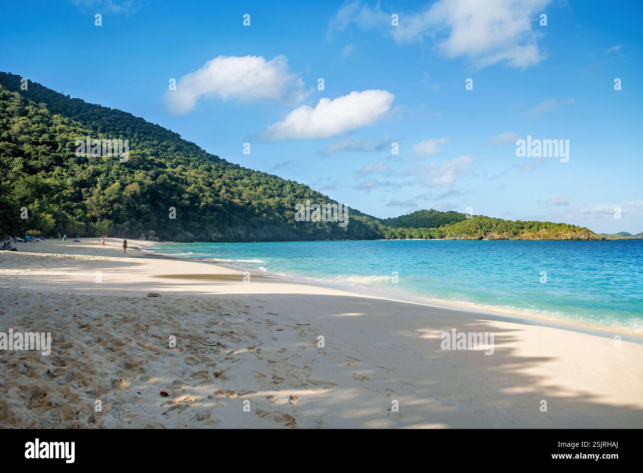 ST. JOHN, U.S. Virgin Islands — Trunk Bay, located within Virgin Islands National Park, features a pristine white sand beach along the island's north shore. The protected bay includes an underwater snorkeling trail that guides visitors past coral reefs. The beach and surrounding waters have been under National Park Service protection since 1956. Stock Photo