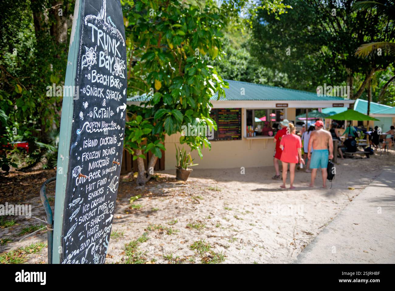ST. JOHN, U.S. Virgin Islands — The concession facilities at Trunk Bay Beach provide visitor services within Virgin Islands National Park. The structure houses beach rentals, a snack bar, and retail operations. These facilities, operated through National Park Service concessions, serve the thousands of annual visitors to this popular beach. Stock Photo