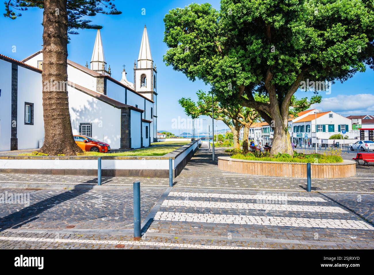 MADALENA PORT, PICO ISLAND - JUN 16, 2024: Church and houses on square ...