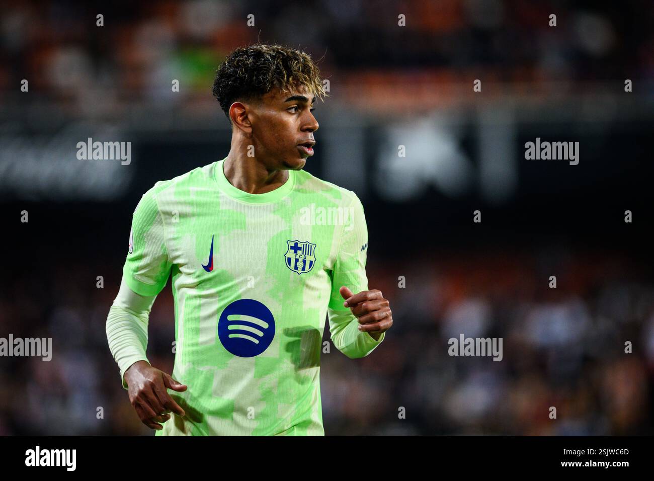 Portrait of the FC Barcelona player Lamine Yamal during a Copa del Rey match at Mestalla, Valencia. Stock Photo