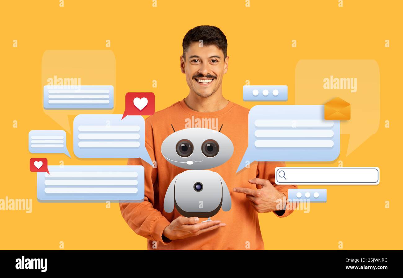 Engaging interaction between a person and an AI assistant in a modern setting Stock Photo