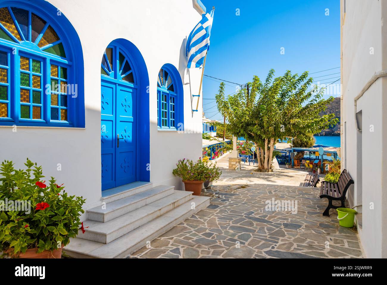 Traditional Greek style which church in Apollonas village, Naxos island ...