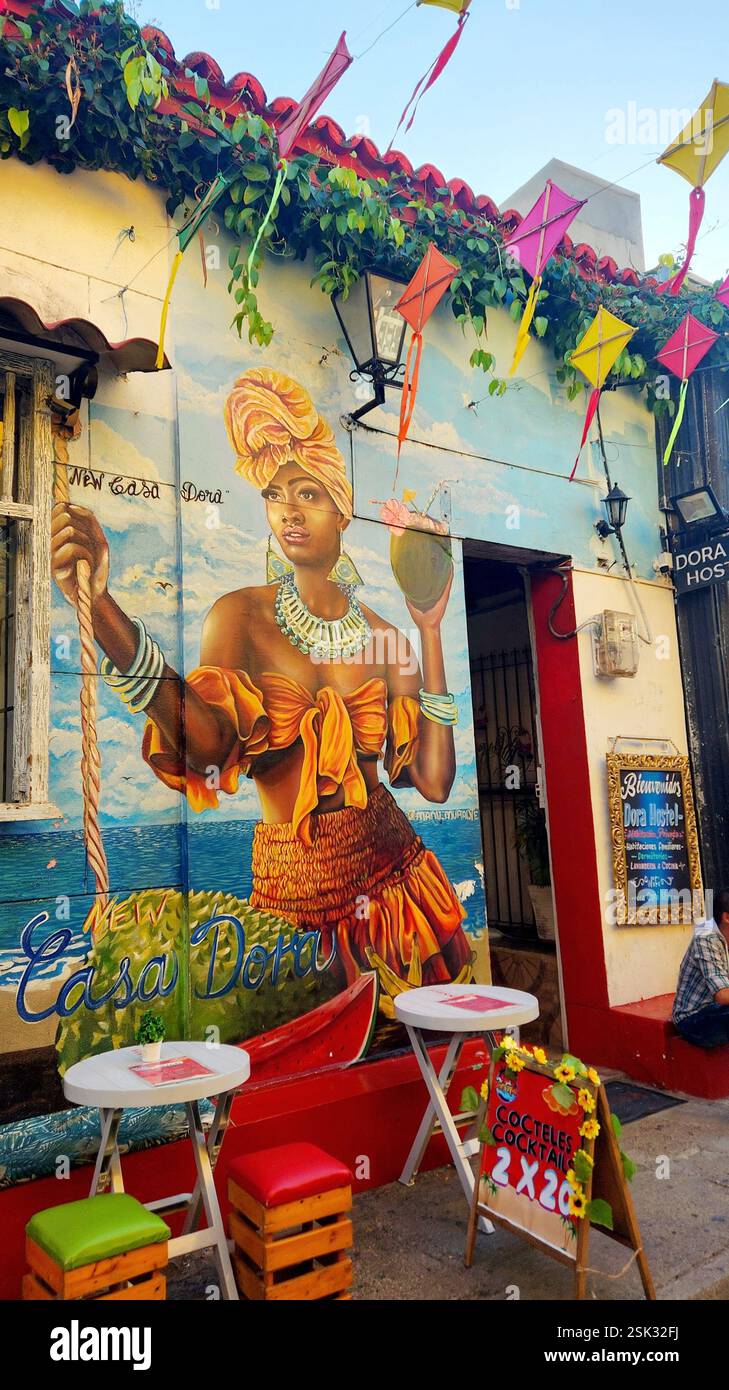Barrio Getsemani Cartagena Colombia - Street Art Mural - Woman / Mural de arte callejero: mujer - Smartphone Captured Stock Image
