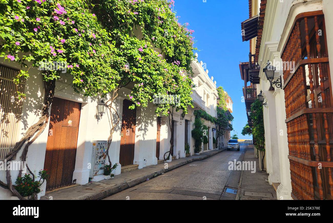 Colombia Cartagena Old Town Walls - Cartagena El Centro - Colorful Houses Street - Smartphone Captured Stock Image