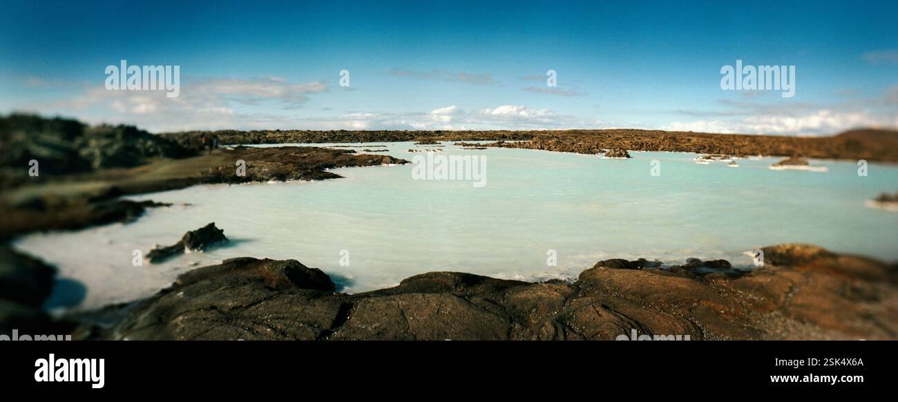 Panoramic view of the blue lagoon geothermal waters outside the Blue Lagoon Spa, Grindavik, Iceland Stock Photo