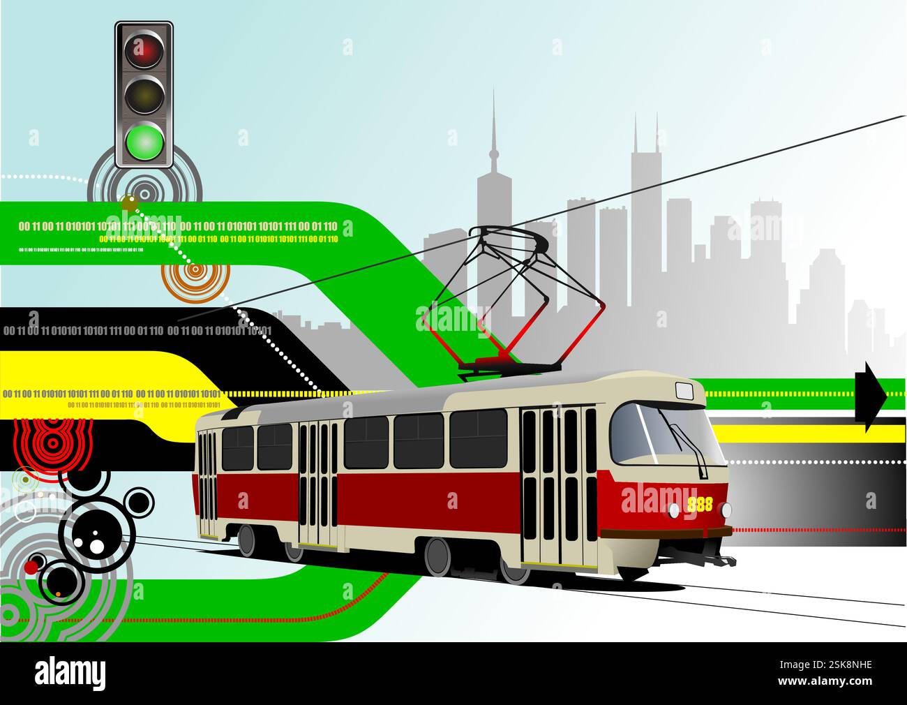 Abstract hi-tech background with tram image. Vector 3d hand drawn illustration Stock Vector