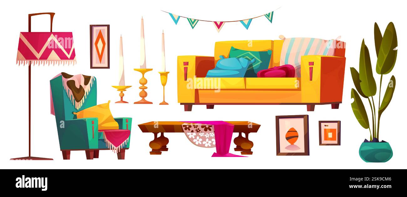 Boho living room furniture collection yellow sofa with pillows, green