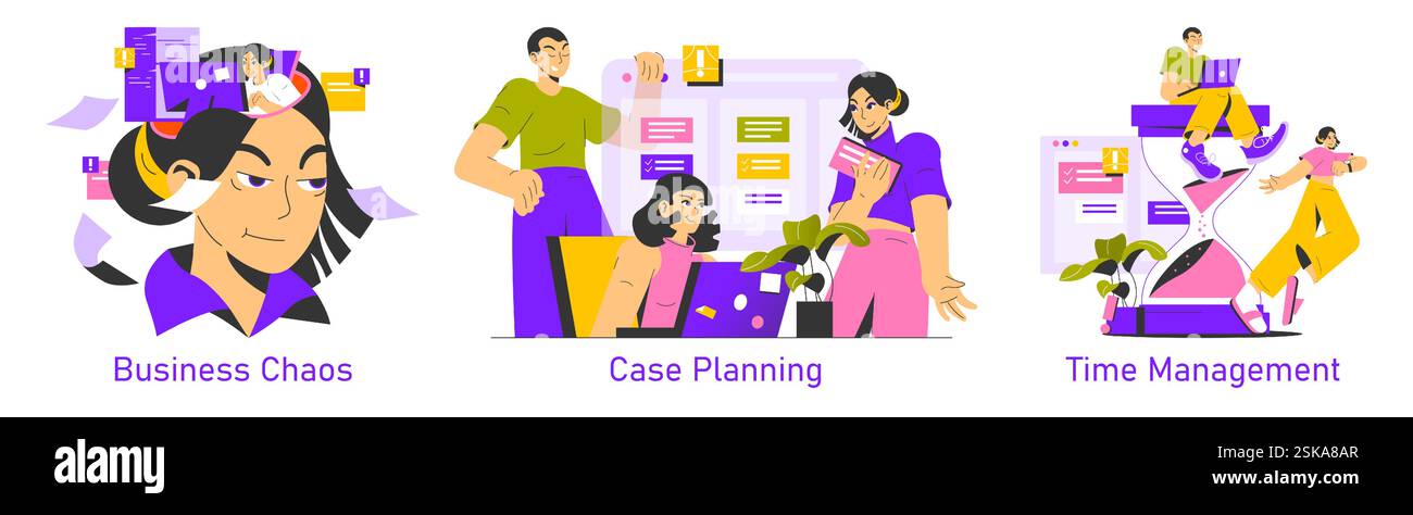 Discover visuals that encapsulate business classes, case planning, and effective time management practices Stock Vector
