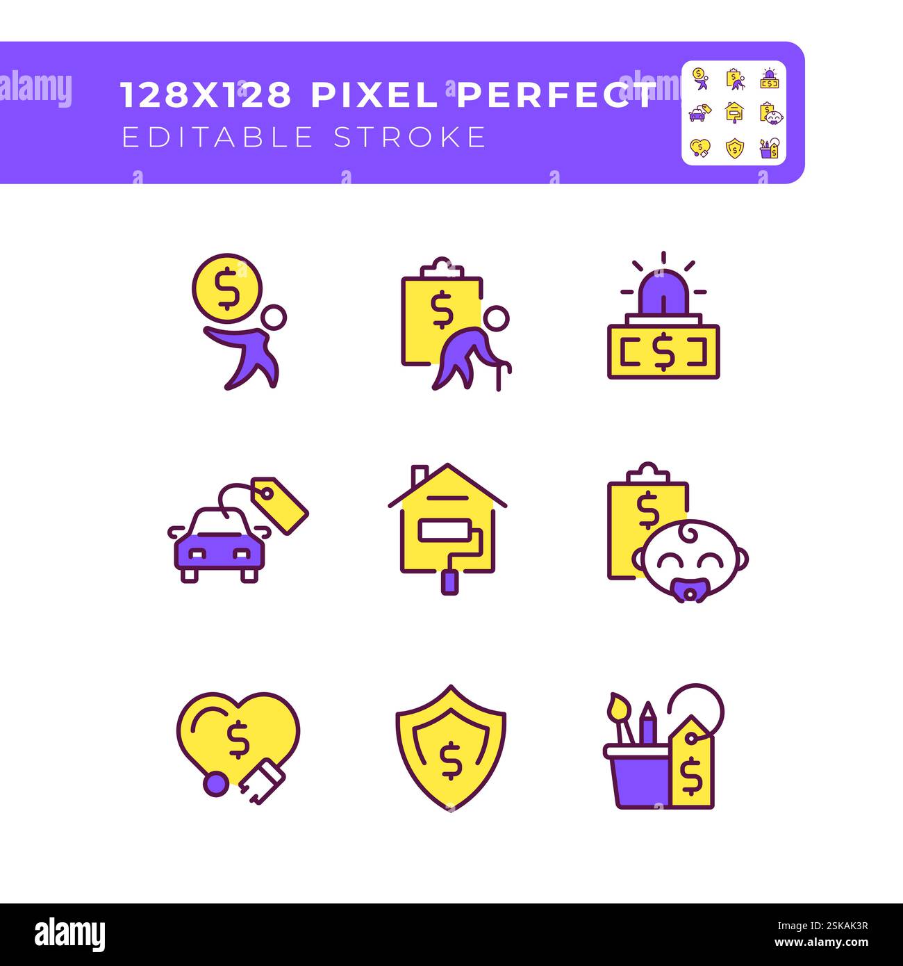 Financial expenses pixel perfect RGB color icons set Stock Vector