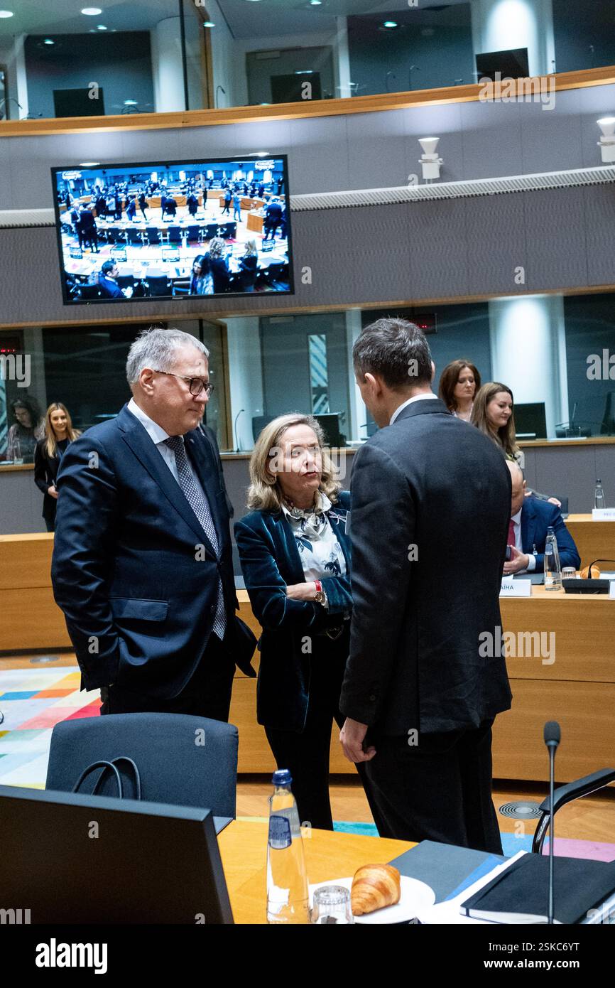 Arvils ASERADENS and President of the European Investment Bank (EIB) Nadia  CALVINO during the Economic and Financial Affairs ECOFIN Council which is t  Stock Photo - Alamy