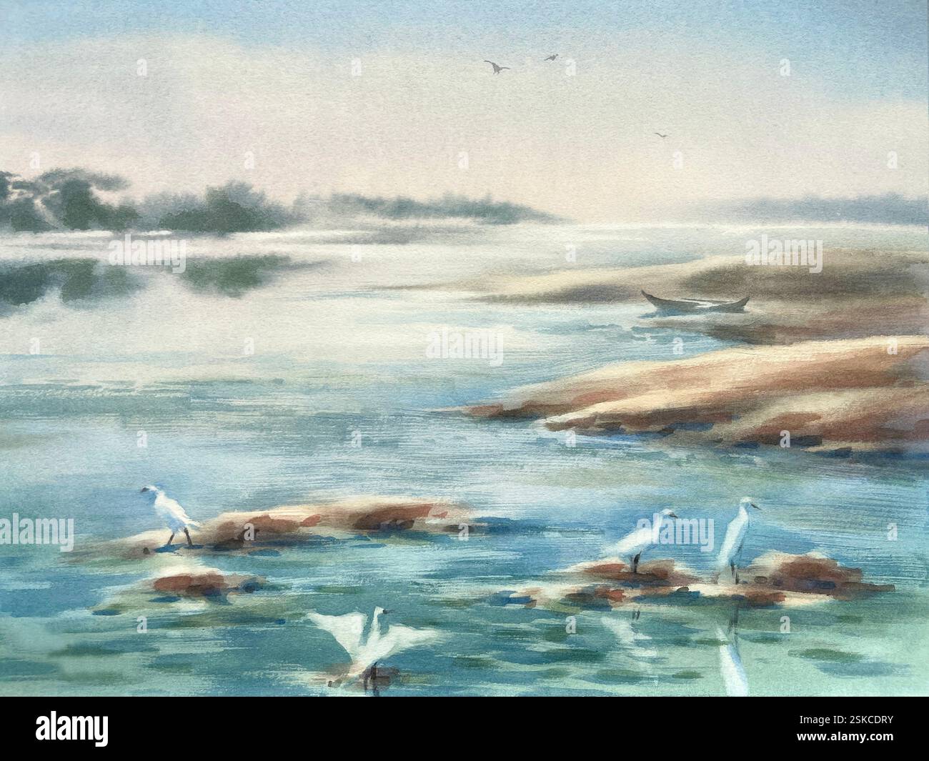 Misty morning by the river watercolor background Stock Photo - Alamy