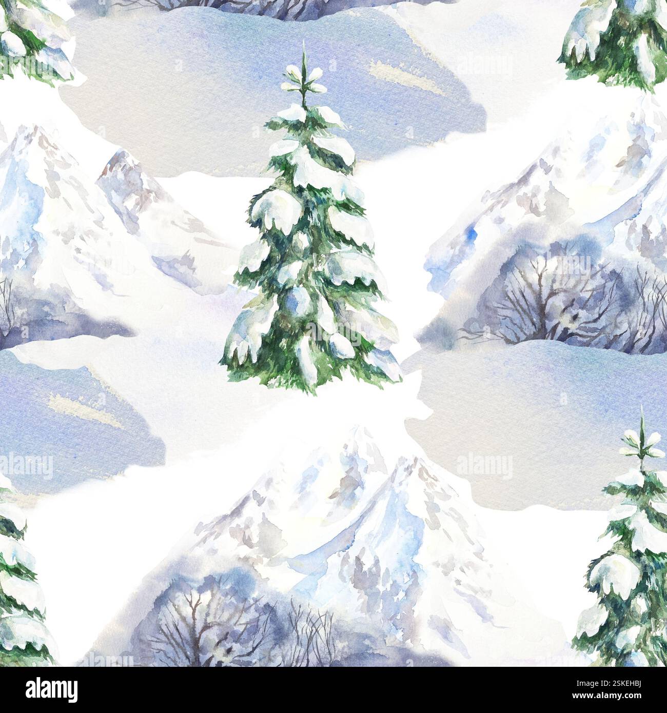 Winter landscape with snowy mountains, fir trees, snowdrifts. Seamless ...