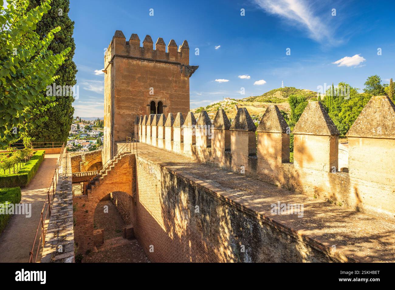 Alhambra complex in Granada town, Andalusia, Spain. Ancient stone tower ...