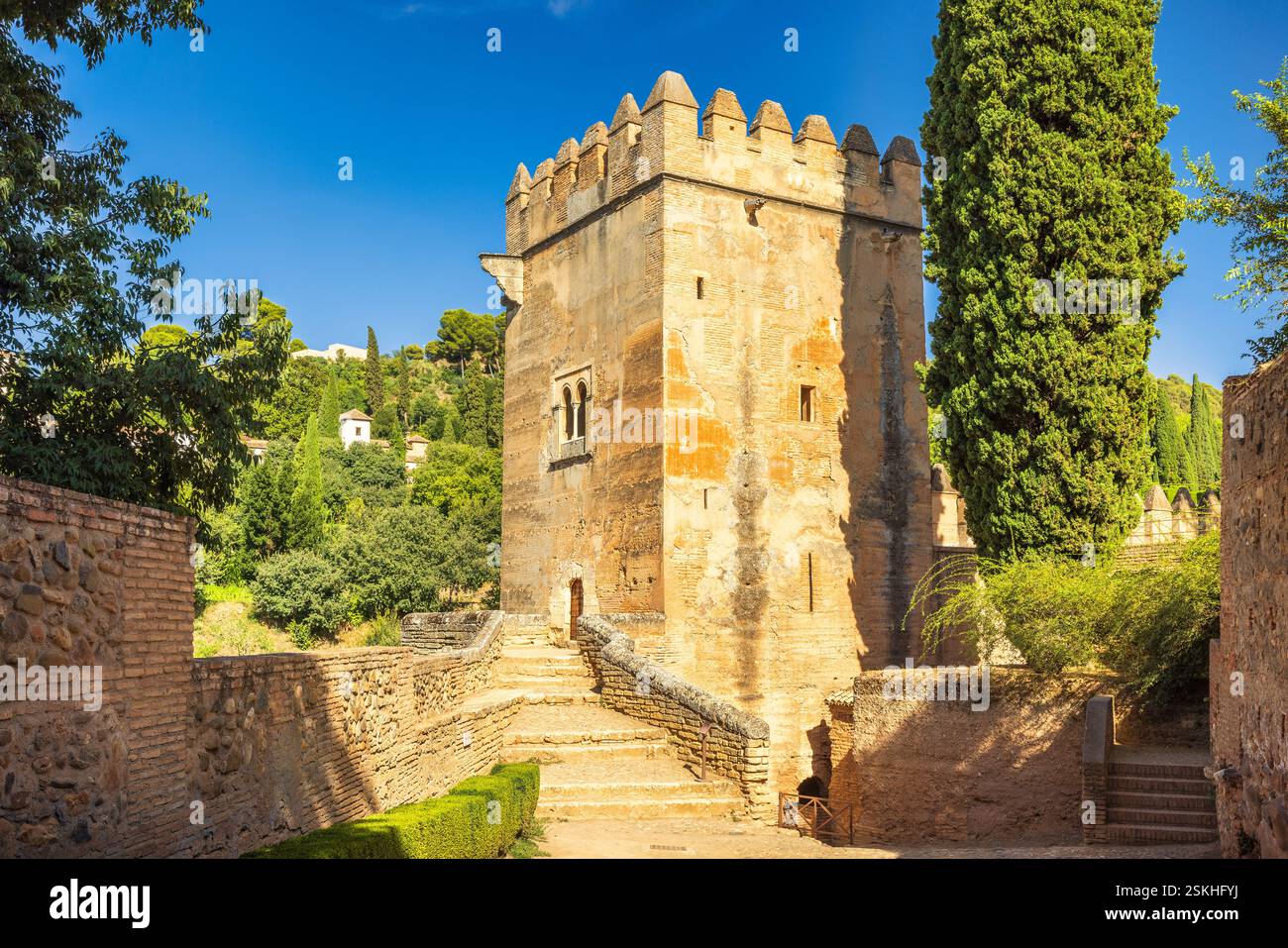 Alhambra complex in Granada town, Andalusia, Spain. Ancient stone tower ...