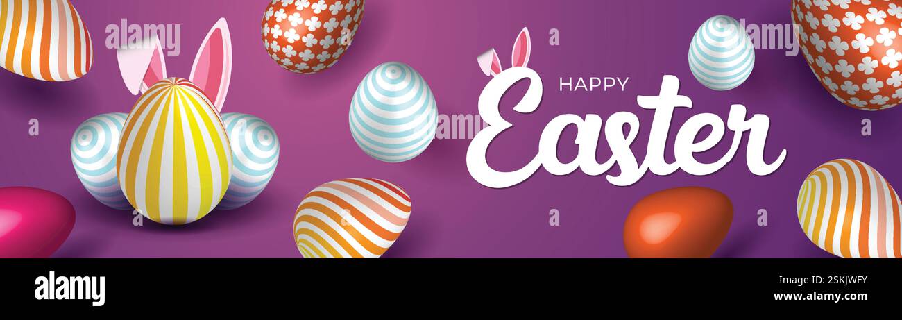 Festive Easter Web Banner Colorful Egg Background Design. Spring Easter Post Bunny Header Template. Vibrant Easter Banner Floral Egg Bunny Background Stock Vector