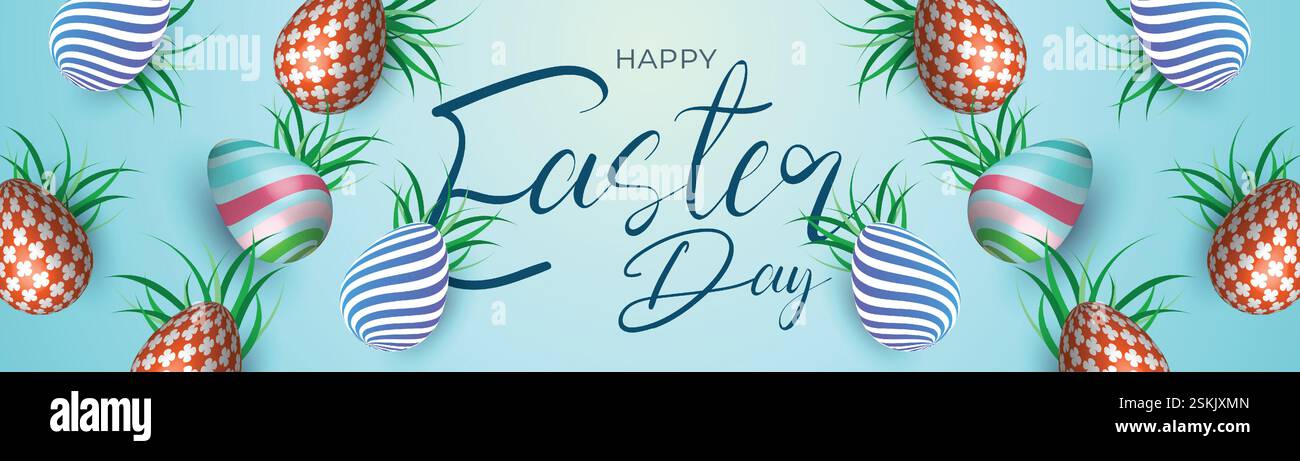 Festive Easter Web Banner Colorful Egg Background Design. Spring Easter Post Bunny Header Template. Vibrant Easter Banner Floral Egg Bunny Background Stock Vector