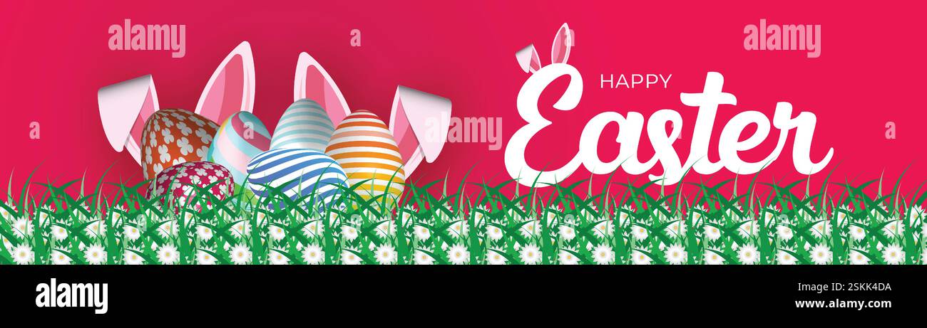 Festive Easter Web Banner Colorful Egg Background Design. Spring Easter Post Bunny Header Template. Vibrant Easter Banner Floral Egg Bunny Background Stock Vector
