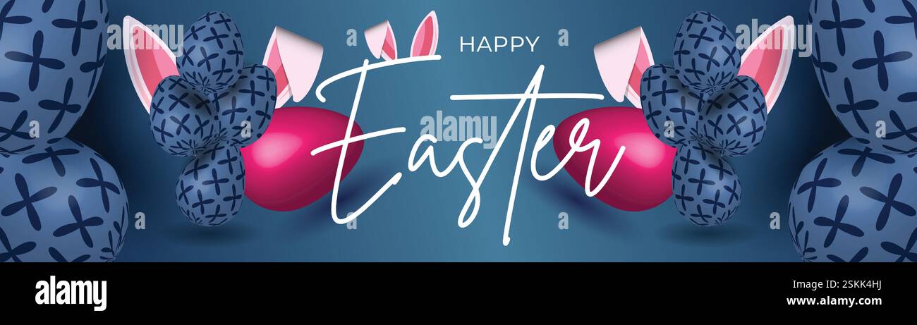 Festive Easter Web Banner Colorful Egg Background Design. Spring Easter Post Bunny Header Template. Vibrant Easter Banner Floral Egg Bunny Background Stock Vector