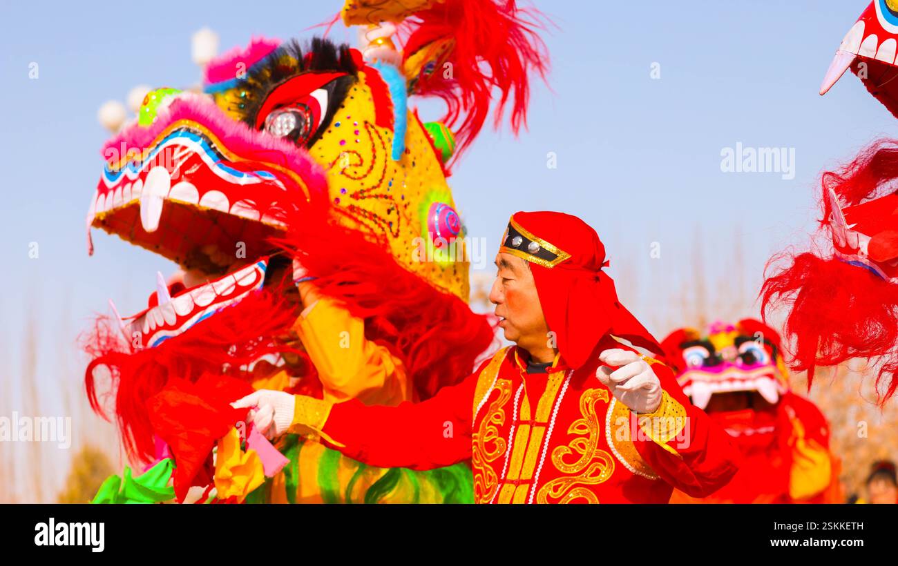 BAZHOU, CHINA FEBRUARY 12, 2025 Artists perform a folk Shehuo to