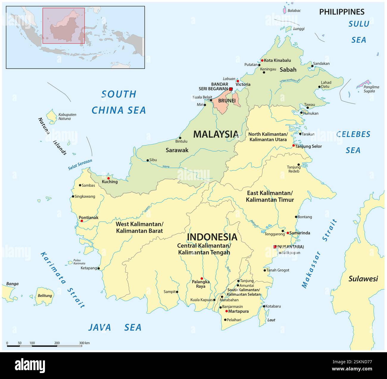 Map of Borneo Island, Kalimantan, Malaysia, Indonesia Stock Photo