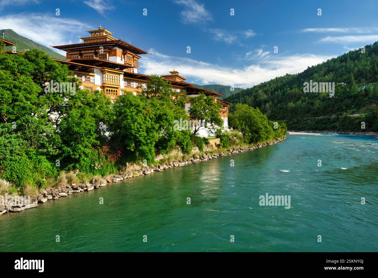 Punakha Dzong (Pungthang Dewa chhenbi Phodrang) in the Punakha Valley by a river, Bhutan Stock Photo