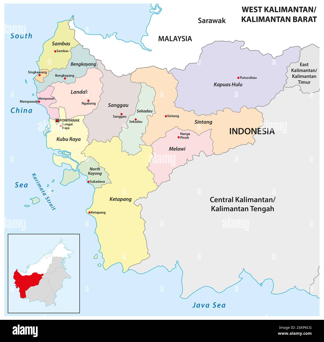 Administrative map of the Indonesian province of West Kalimantan, Borneo Stock Photo