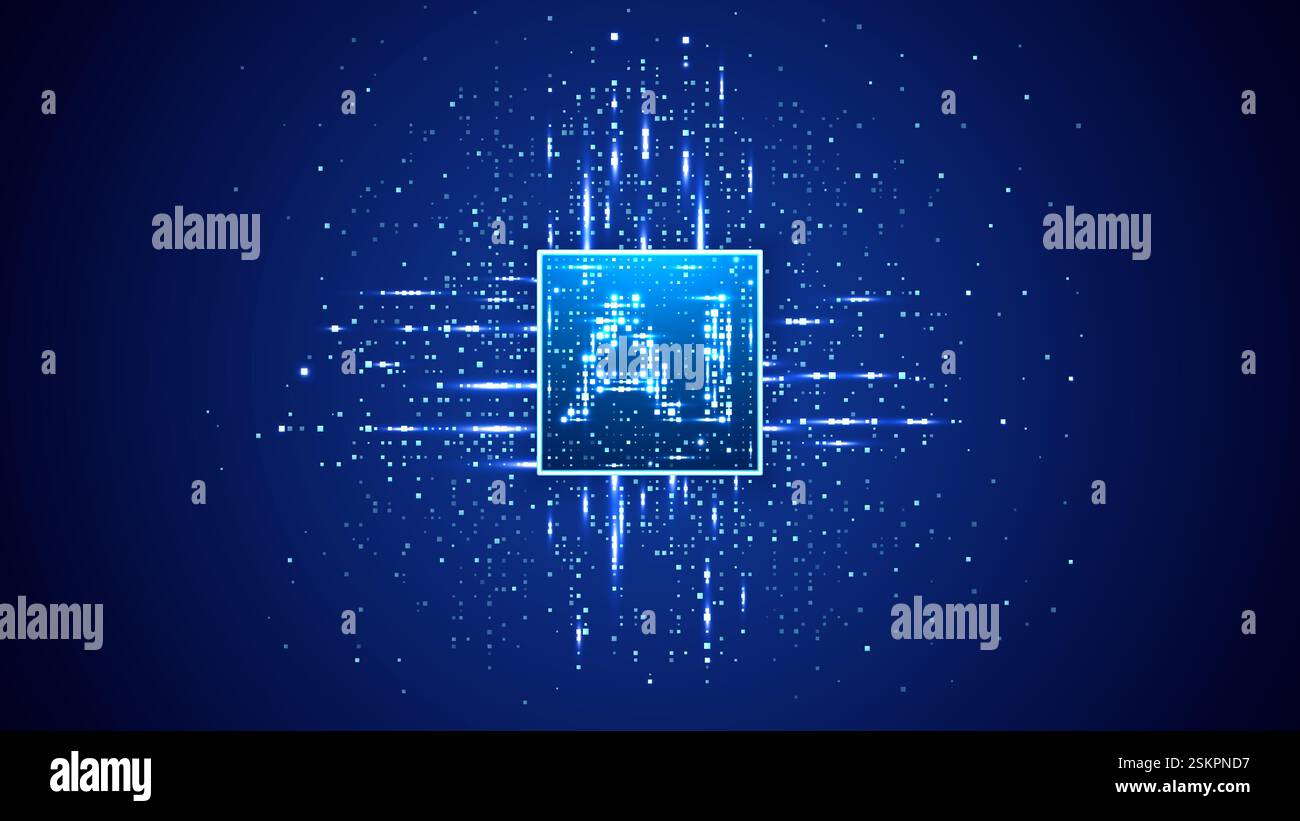 AI chip with light glowing pixel elements on technology background. Stock Vector