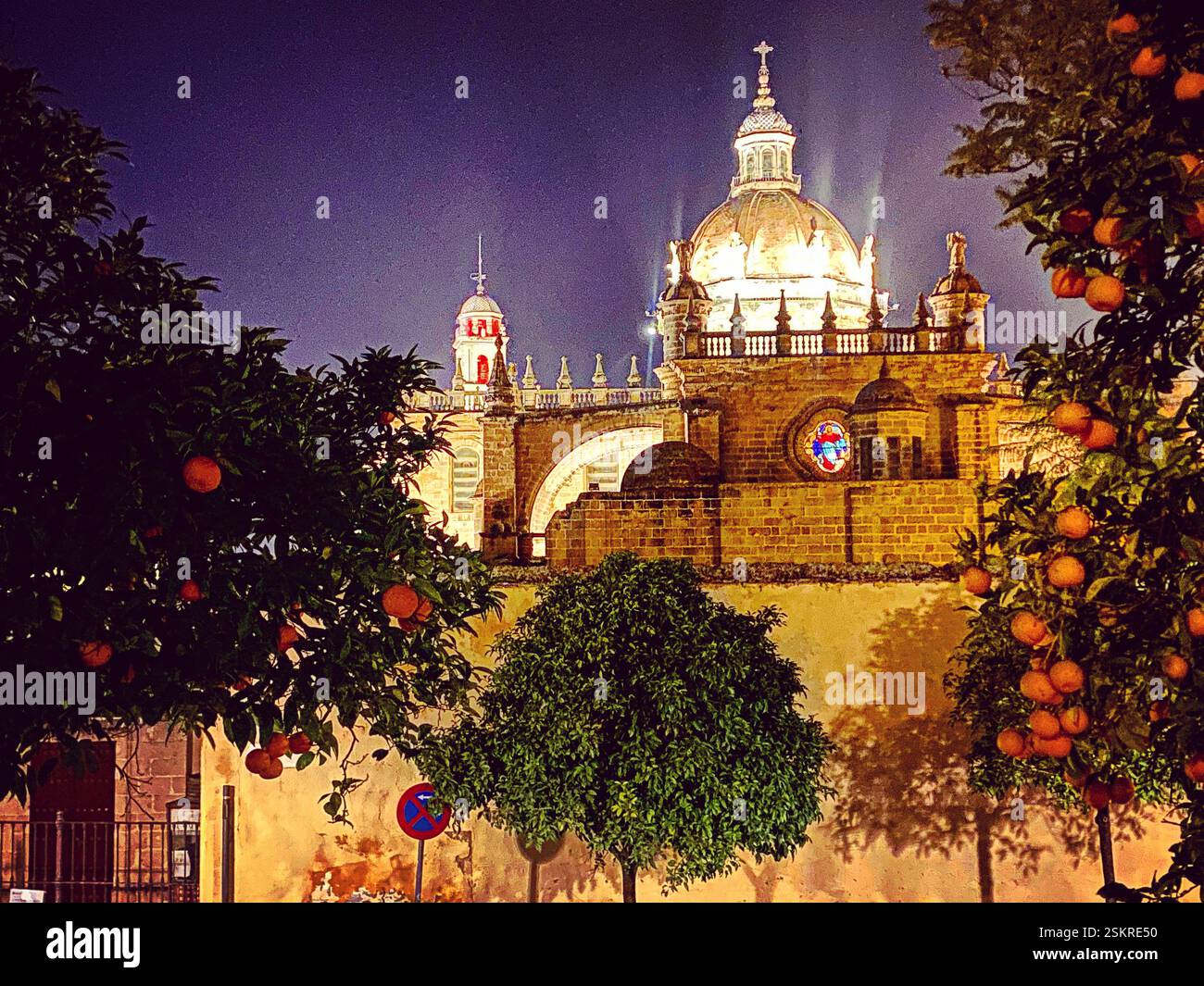 The Cathedral surrounded by orange trees in Jerez de la Frontera, Cadiz province, Andalusia, Spain - Smartphone Captured Stock Image The Cathedral surrounded by orange trees in Jerez de la Frontera, Cadiz province, Andalusia, Spain - Smartphone Captured Stock Image